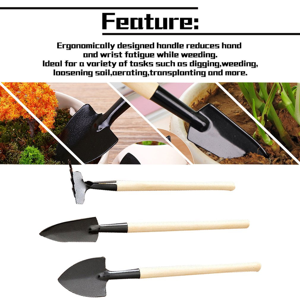 3pcs Mini Plant Garden Gardening Tools Set With Wooden Handle Tool Rake Shovel 