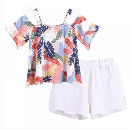 

2 Pcs Toddler Kids Girl Short Sleeve Off-shoulder Floral Print T-shirt Tops+Shorts Suits Casual Outfits Sets