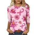 thumbnail image 2 of Homenesgenics Breast Cancer Ribbon Shirts Women's Fashion Breast Cancer Print Round Neck Three Quarter Sleeve 3/4 Sleeve T-Shirt Tops Pink L, 2 of 5