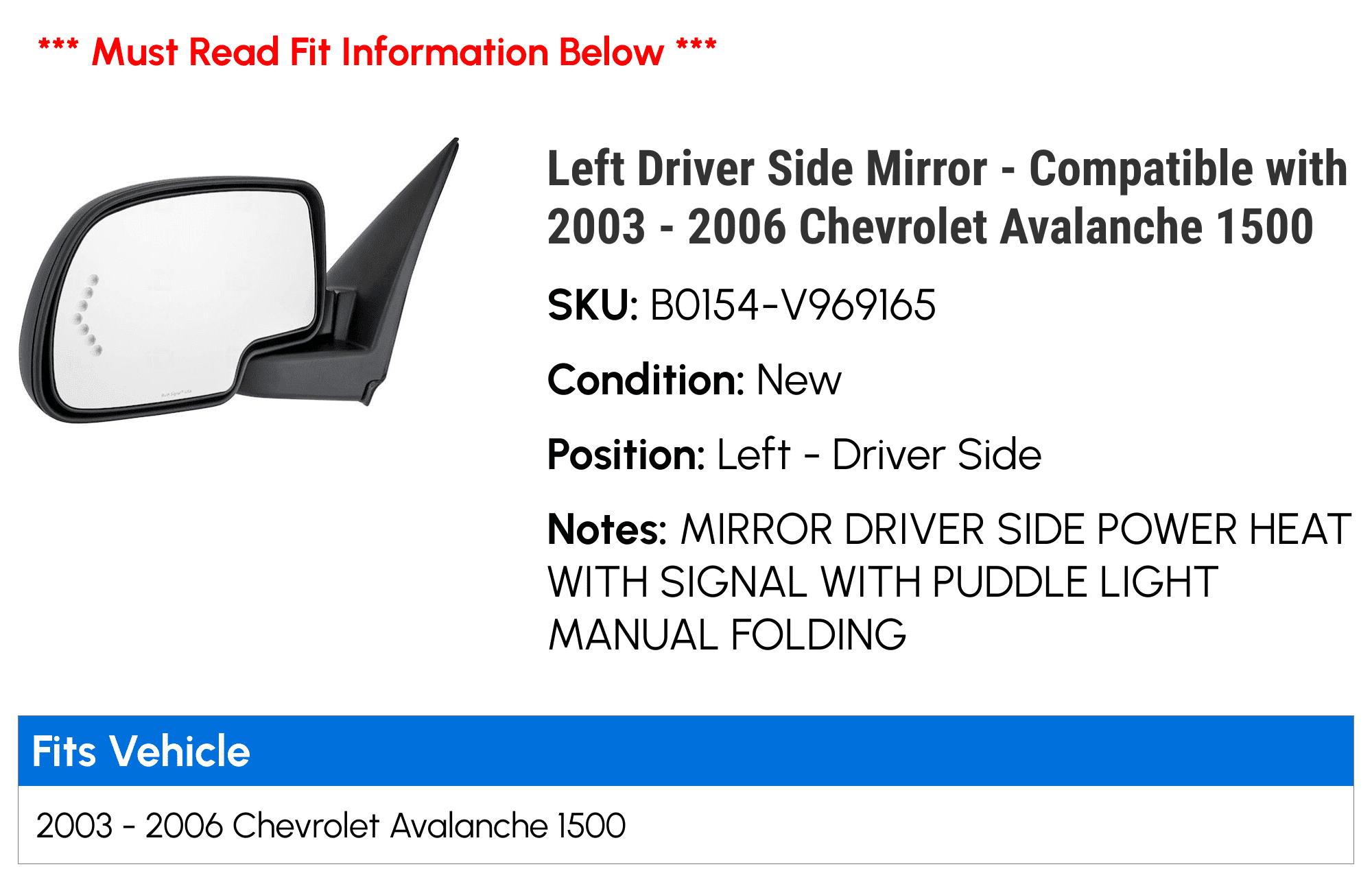 Left Driver Side Mirror - Compatible with 2003 - 2006 Chevy Avalanche 1500 2004 2005