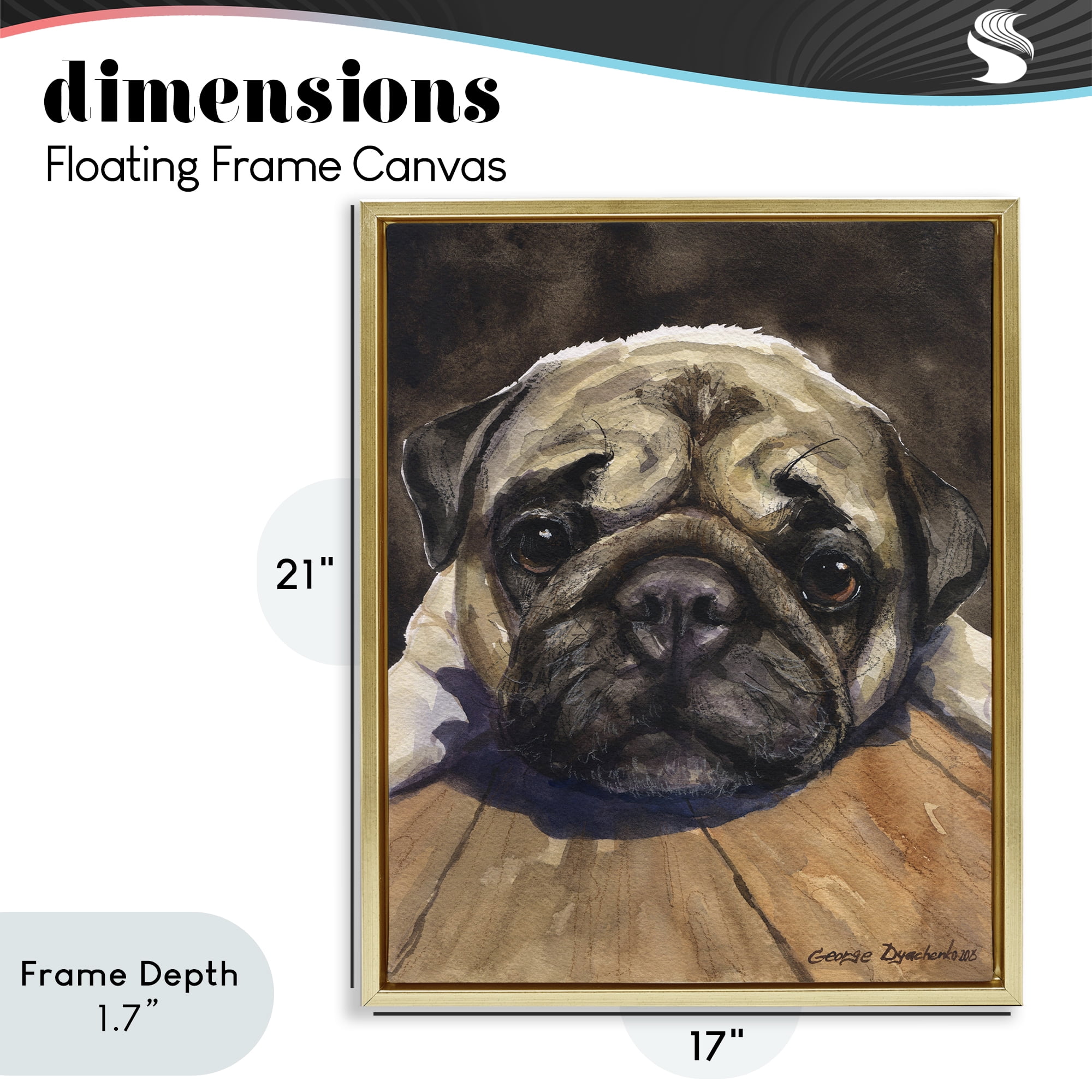 Stupell Industries Pug Soulful Portrait Gold Framed Floater Canvas Wall Art, design by George Dyachenko