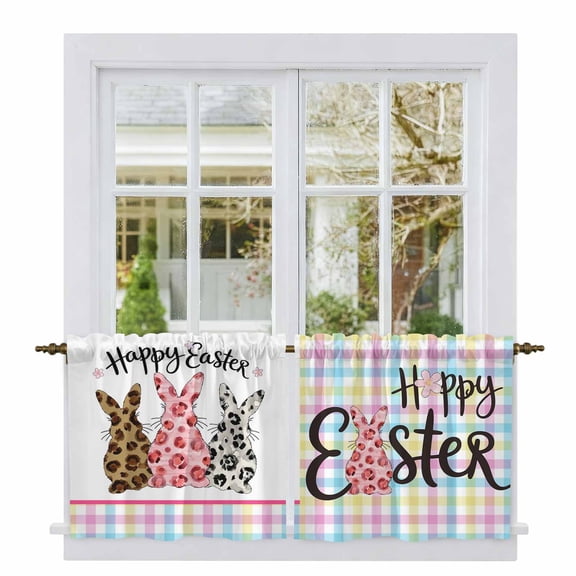 Easter Tier Curtains 36 Inch Length, Spring Leopard Prints Colorful Bunny Eggs Striped Cafe Short Curtains for Bathroom Over Sink, Small Kitchen Curtain Light Filtering Drapes 2 Panels 27.5"Wx36"L