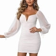thumbnail image 4 of Women'S French Hepburn Style Long Sleeve Deep V Neck Bodycon Dress Short White S, 4 of 9