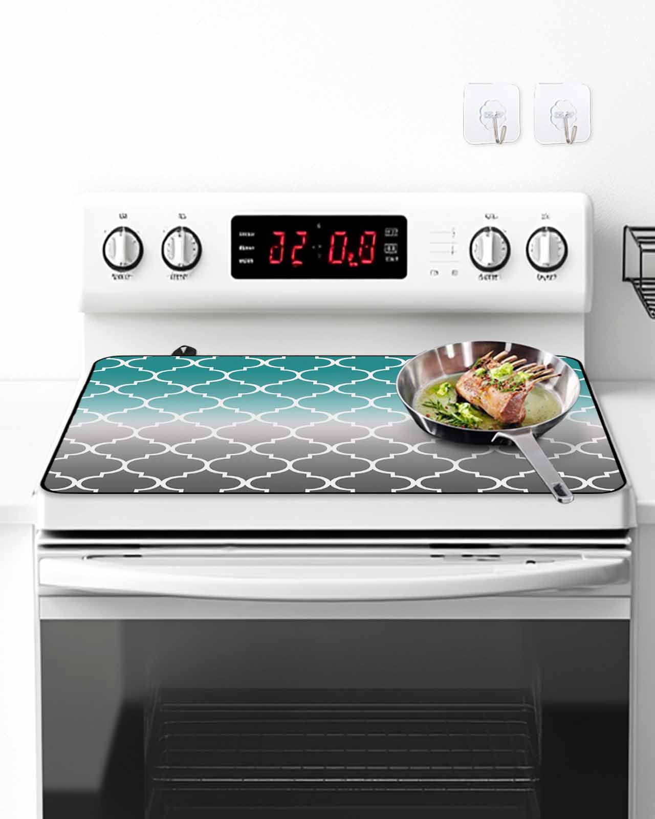 Stove Top Covers for Electric Stove, Teal Grey Ombre Morocco Pattern Glass Stovetop Cover Protector, Modern Moroccan Geometric Induction Cooktop Protector Oven Mat for Kitchen Countertop 24"x21"