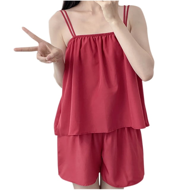 Chbgutlmr Womens Pajama Sets Summer Spaghetti Strap Low Back Camisole Tops Shorts Solid Color Lounge Outfits
