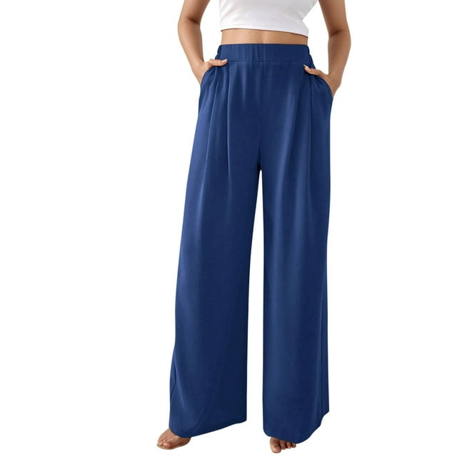 Pantalones anchos de color liso 2025 para mujer, cintura alta con cinturilla elástica, bolsillos laterales, para uso informal/ropa de estar por casa.