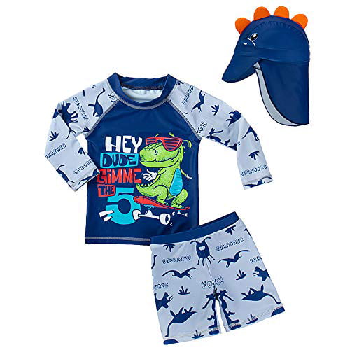 Baby Toddler Boy Two Pieces Swimsuit Set Shark Dinosaur Crocodile Crab Bathing Suit Rash Guards with Sun Hat UPF 50+ 