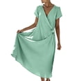 thumbnail image 2 of Pounoo Women's Dresses V Neck Short Sleeve Wrap Linen Blend Midi Dress With Waist Tie Casual Beach Wear Lightweight Breathable Loose Fit Vacation Sundresses Gift, 2 of 7