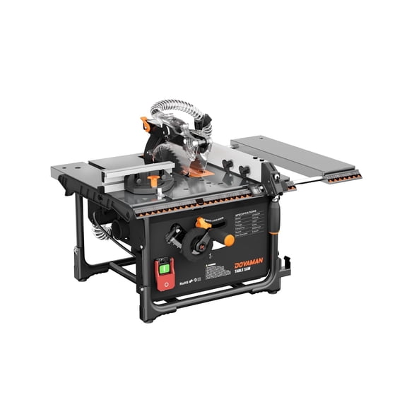 DOVAMAN Table Saw, 15 Amp Motor, 5000 RPM, Dust Collection Port, 0–45° Bevel, Extendable Table, Benchtop Design