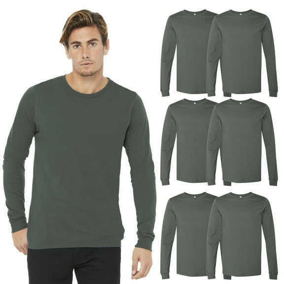BELLA   CANVAS Jersey Long Sleeve Crewneck Tee, Men Military Green Cotton Blank T-Shirt, 6-Pack, S