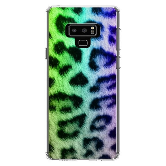 DistinctInk Clear Shockproof Hybrid Case for Samsung Galaxy Note 9 - TPU Bumper, Acrylic Back, Tempered Glass Screen Protector - Rainbow Leopard Cheetah Fur Print