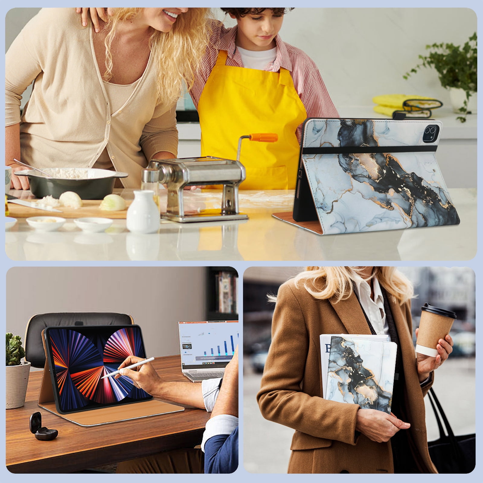 For iPad 6th 5th Gen Case/ iPad Air 1 2 Case, Auto Sleep Wake Kickstand Elastic Band Pencil Holder Front Pocket Business Case for Apple iPad 9.7" 2018/2017/ iPad Air 1 2 9.7", Black Marble