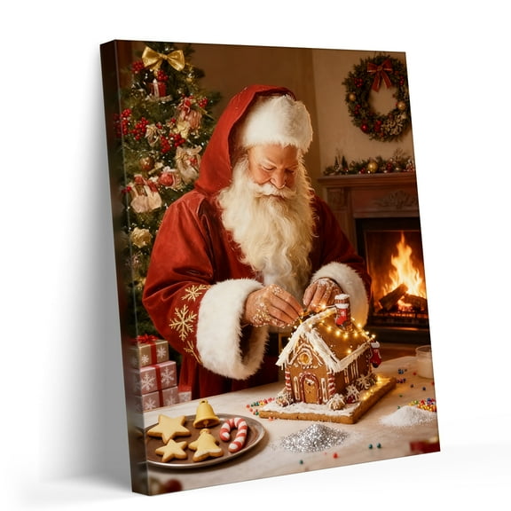 P&L Art Santa Making Gingerbread House Canvas Wall Art, Festive Holiday Decor with Cookies & Fireplace, Framed Canvas Print