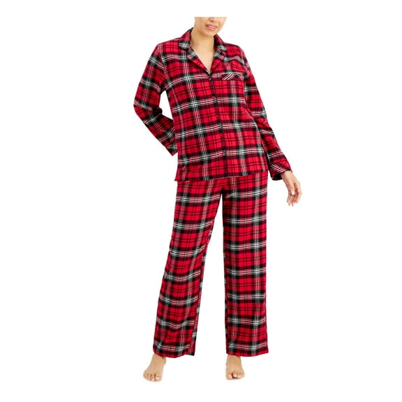 CHARTER CLUB Sets Red Flannel Elastic Band Plaid Long Sleeve V Neck Button Up Straight leg Everyday Size XXL