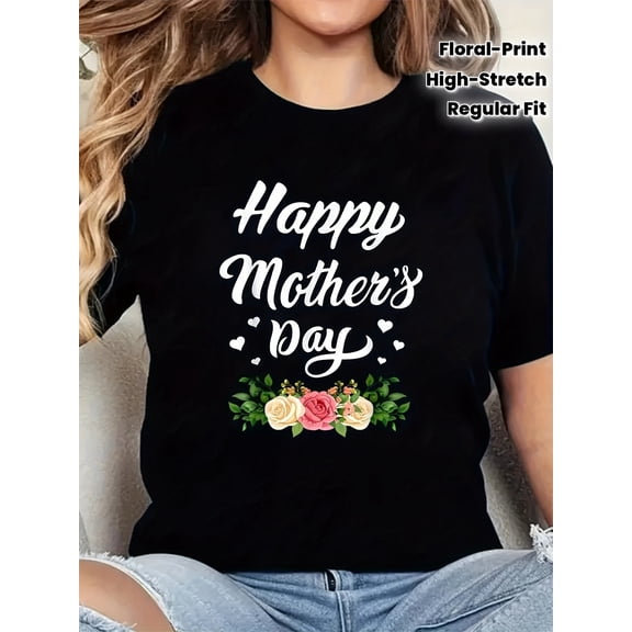 Happy Mother's Day Floral Print Graphic T-Shirt for Women, Stylish Short Sleeve Crewneck Casual Tee Top, Perfect Gift for Mom
