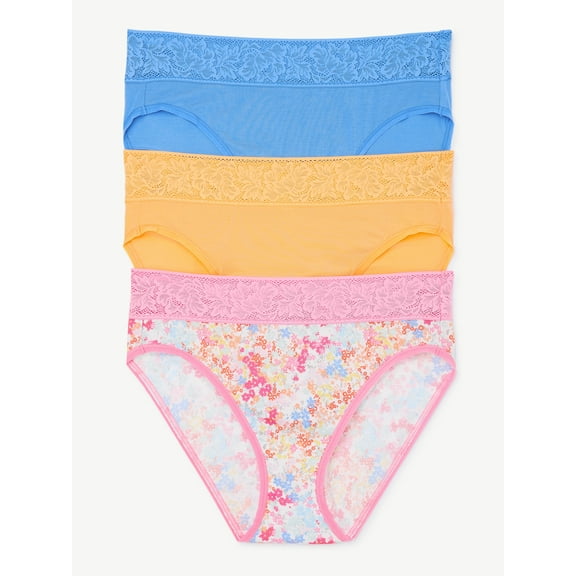 Joyspun Women's Lace and Modal High Cut Brief Panties, 3-Pack, Sizes XS to 3XL