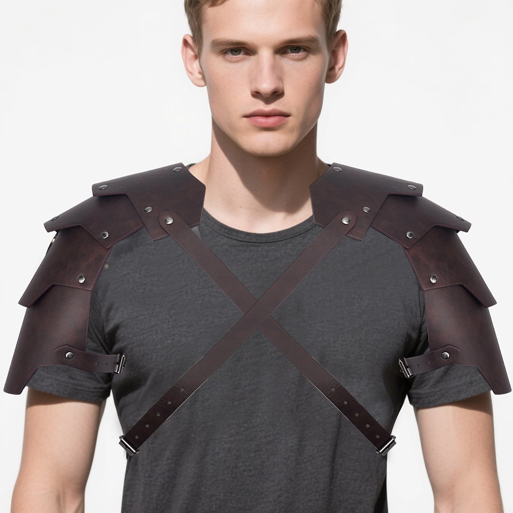 1Pc Medieval PU Leather Double Shoulder Armor Retro Cosplay Props with Alloy Findings Coconut Brown 300x280x5.5mm DIY