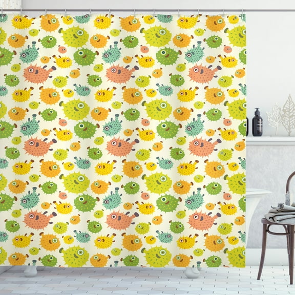 Fish Shower Curtain, Funny and Colorful Pufferfish Characters in Cartoon Style Aquatic Life Aquarium Animal, Fabric Bathroom Set with Hooks, 69W X 70L Inches, Multicolor, by Ambesonne