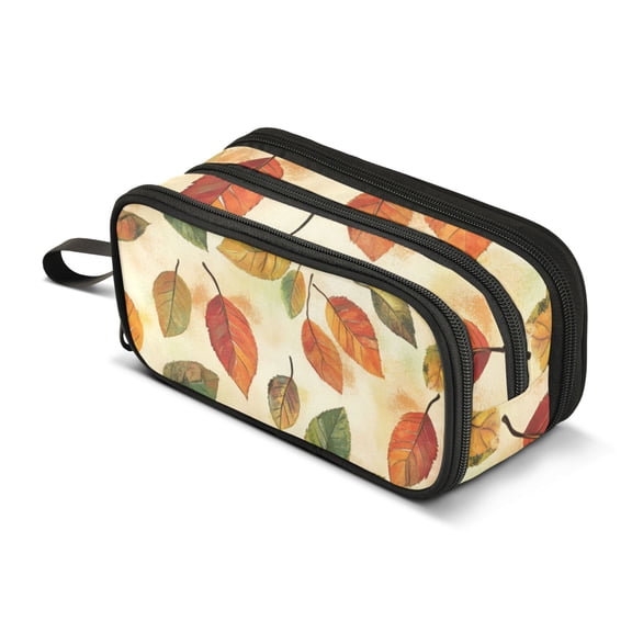 FORMRS Pencil Case with 3 Compartments Zipper Pouch, Elementary School Level and up, Beige Leaves