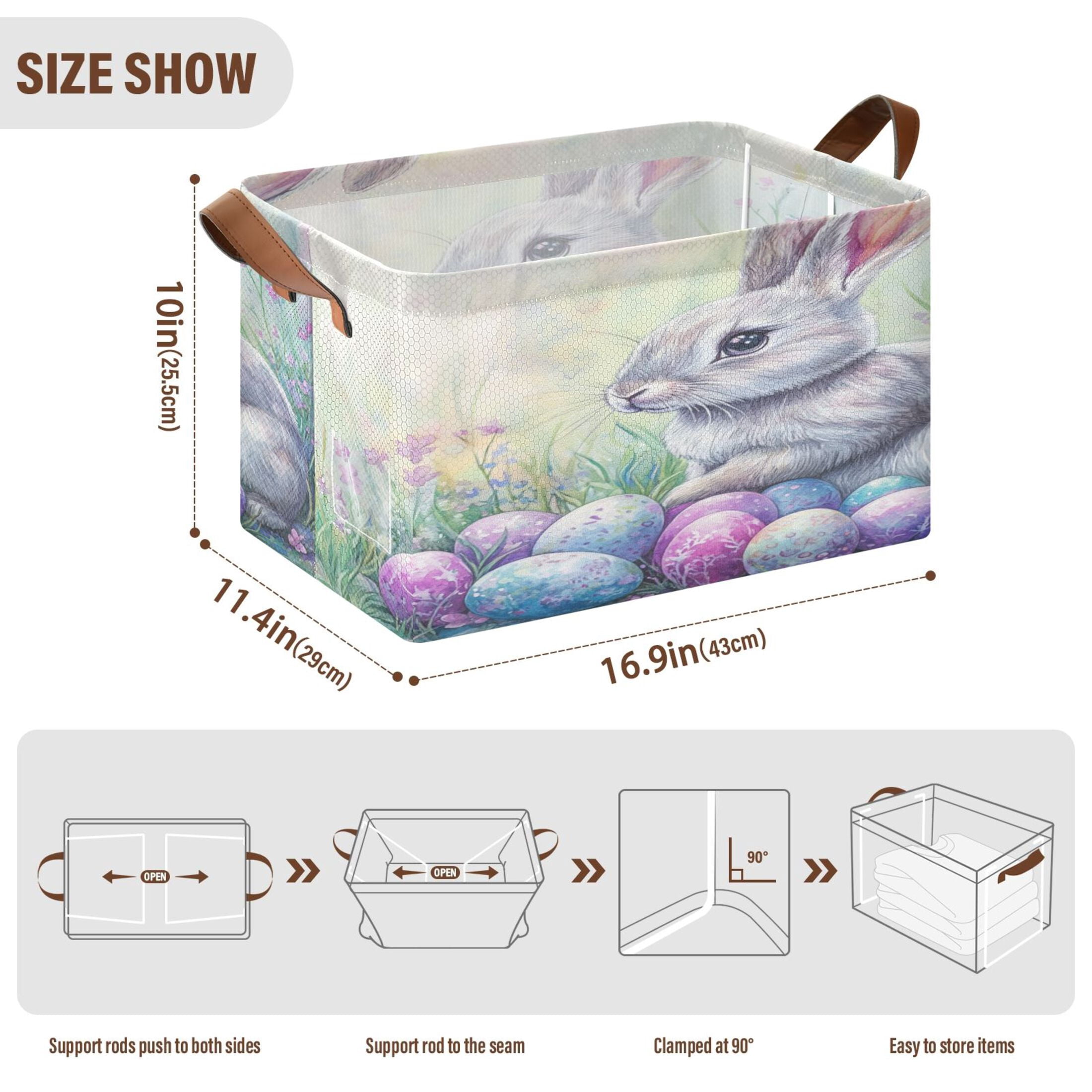 WOBOGO Easter Blue Bunny Storage Basket 16.9×11.4×10in Collapsible Oversized with Metal Iron Frame Set of 1