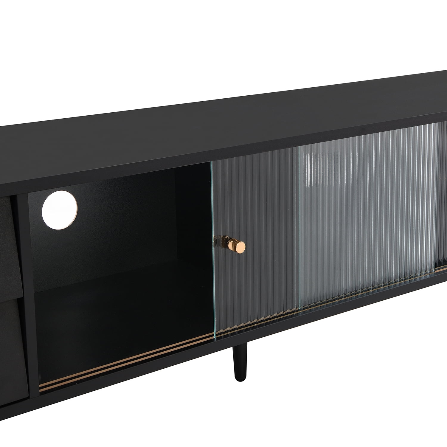 Kadyn MDF TV Stand, Entertainment Center TV Console with Sliding Fluted Glass Doors for TVs Up to 70", Black