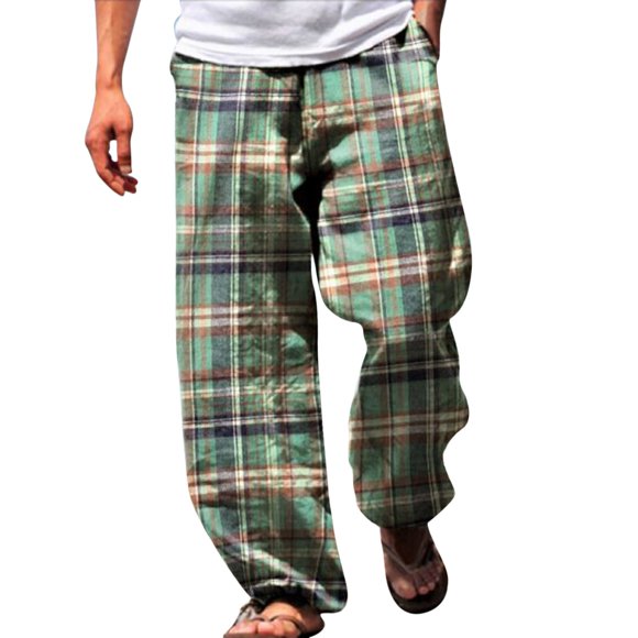 MITCOWBOY Men Linen Pants Mens Classic Plaid Print Sunshine Chiffon Double Pocket Thermal insulation Loose Trousers Mens Pants Casual Beach Pants for Men Green M Clearance!