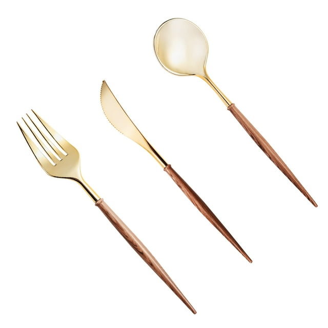 Lullaby 240PCS Gold Plastic Silverware, Gold Disposable Cutlery with Wood Grain Handle Include 80 Forks, 80 Spoons, 80 Knives, Elegant Disposable Sil
