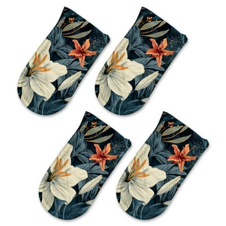 

BaHomeck Pot Handle Holder Covers 4Pcs White Lilies And Dark Navy Blue Leaves With Dark Orange Accents Non Slip Heat-Resisting Pan Handle Covers For Home Kitchen Baking Cooking BBQ Cookwares 6×3In