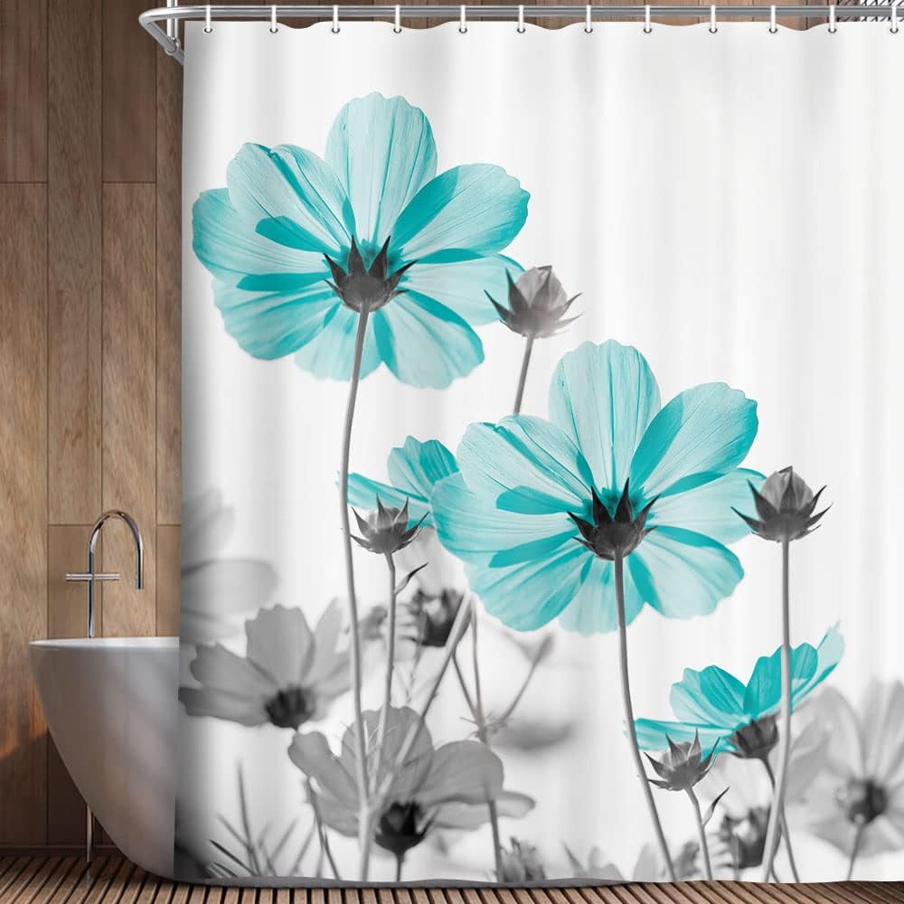 Unique Floral Shower Curtain for Bathroom Decor, Teal and Gray Daisy Flower Elegant Wildflower Desi, 72X72in