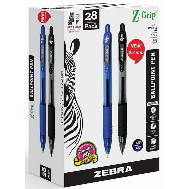 Bolígrafo Zebra Z-Grip retráctil de 0,7 mm, 28 unidades