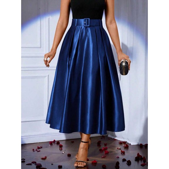 Navy Blue Womens Pleated A-Line Midi Skirt With Belted Waist, Dressy Formal Skirt For Fall Winter