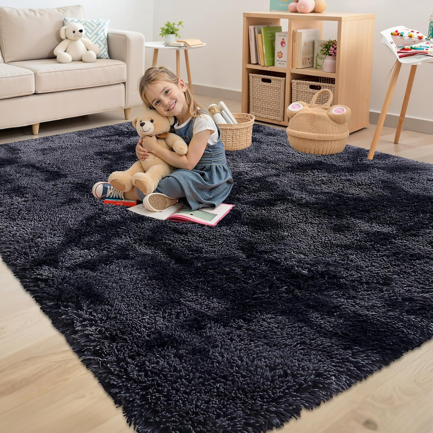 Buganda Soft Shag Area Rug, Washable Non-Slip Rug for Living Room Bedroom, Modern Decor Carpet, 9'X12', Dark Grey