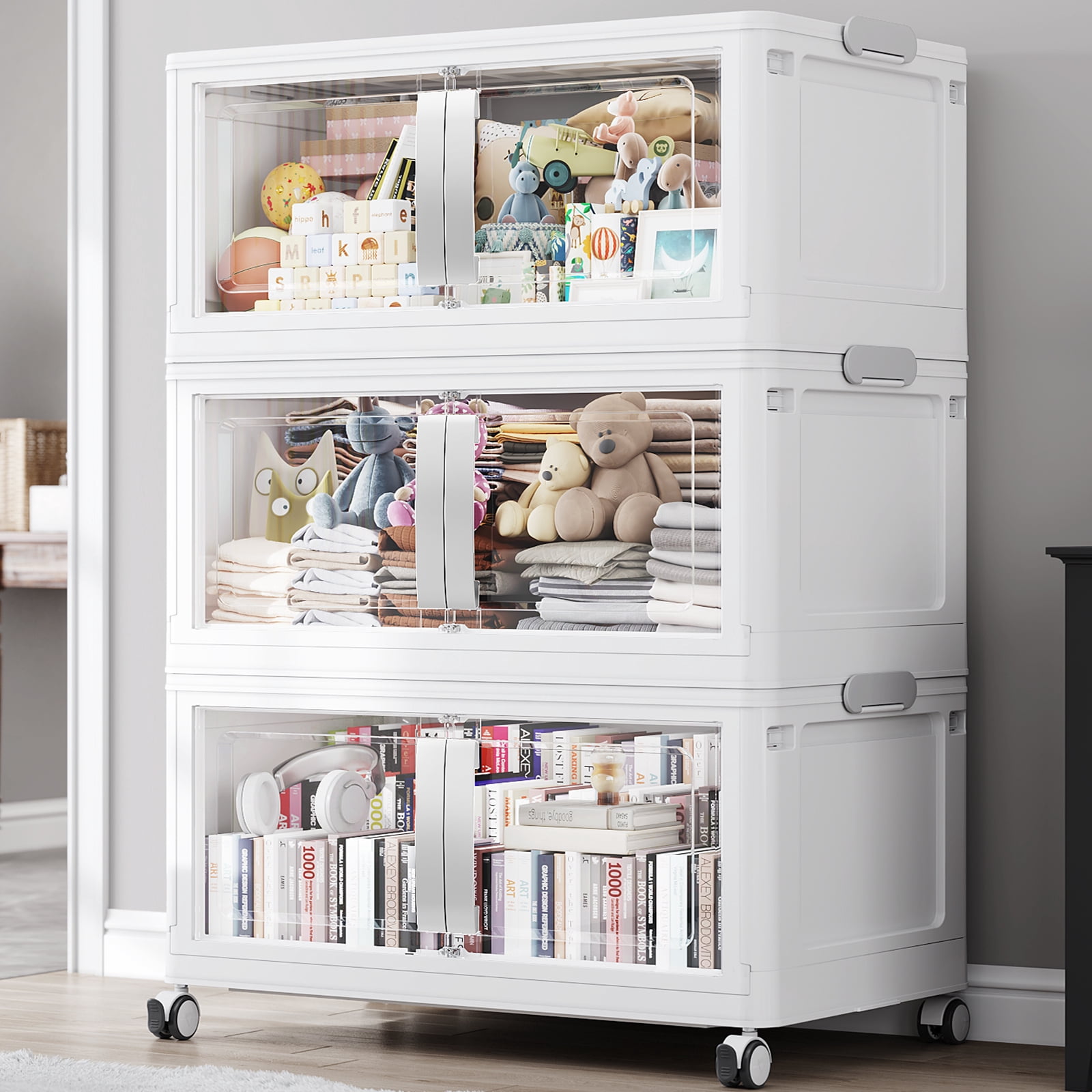 Broview 120Gal Extra Large Stackable Storage Bins with 3 Lids, 480Qt Collapsible Plastic Storage Box with Clear Doors, Foldable Containers with Drawers, 360ยฐ Swivel Wheels, White, 3Pack V70