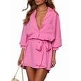thumbnail image 2 of Women'S Collar V Neck Button Down Pleated 3/4 Sleeve Mini Shirt Dress with Belt Rose Red L, 2 of 9