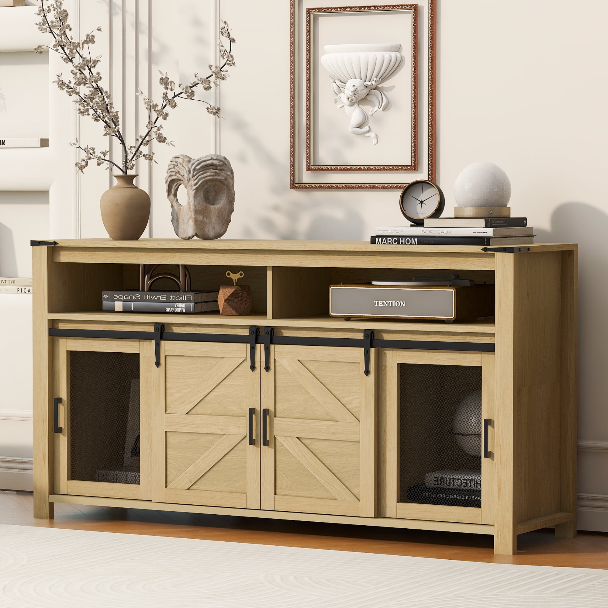 Aukfa 59.3" Sideboard Buffet Cabinet w/Mesh Panel Doors,Large Storage Cabinet for Kitchen Dining Living Room,Natural