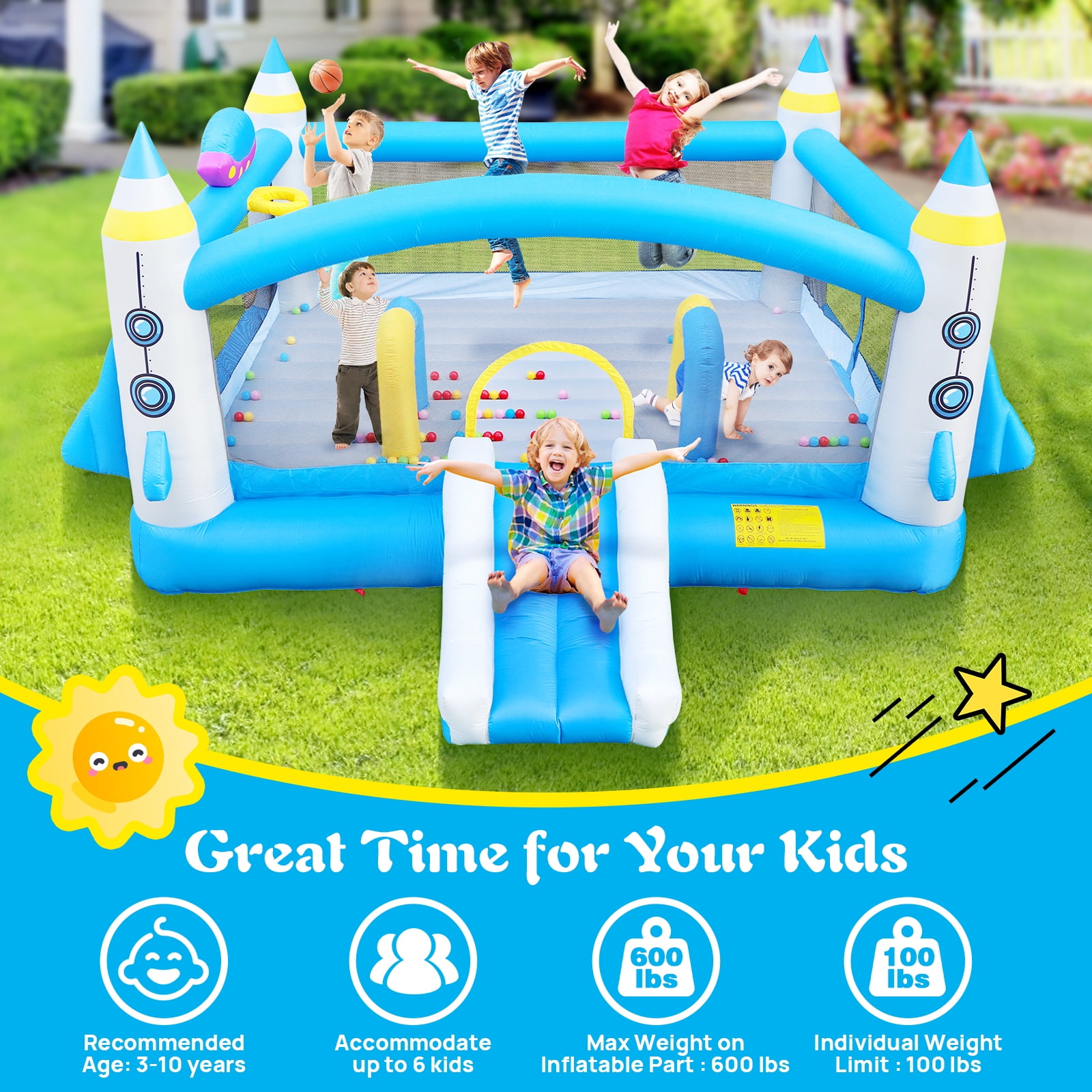 Large Inflatable Bounce House for Big Kids with Slide & Basketball Hoop, 16.5ft x 15ft, Blue Bouncer for 6 Kids Aged 3-10, Includes Blower & Dart Game