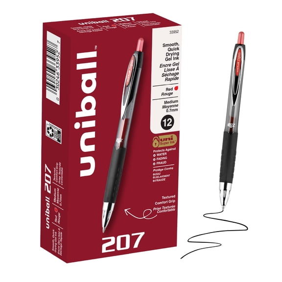 uniballâ„¢ 207 Retractable Gel Pens, Medium Point, 0.7mm, Red Ink, 12 Count