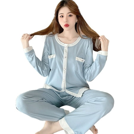 

Women s Pajamas Set Loose Casual Long Sleeve Cardigan Fashion Round Neck Sleepwear for Spring Autumn New