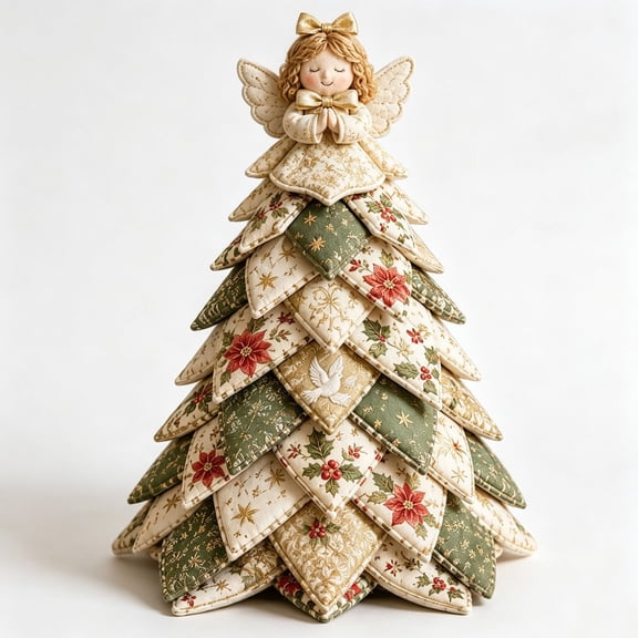 DIY Handmade Quilted Fabric Christmas Tree Decor,Patchwork Cloth Mini Xmas Tree with Plush Topper,Rustic Farmhouse Tabletop Ornament for Holiday Dining Mantel Home Christmas Decoration