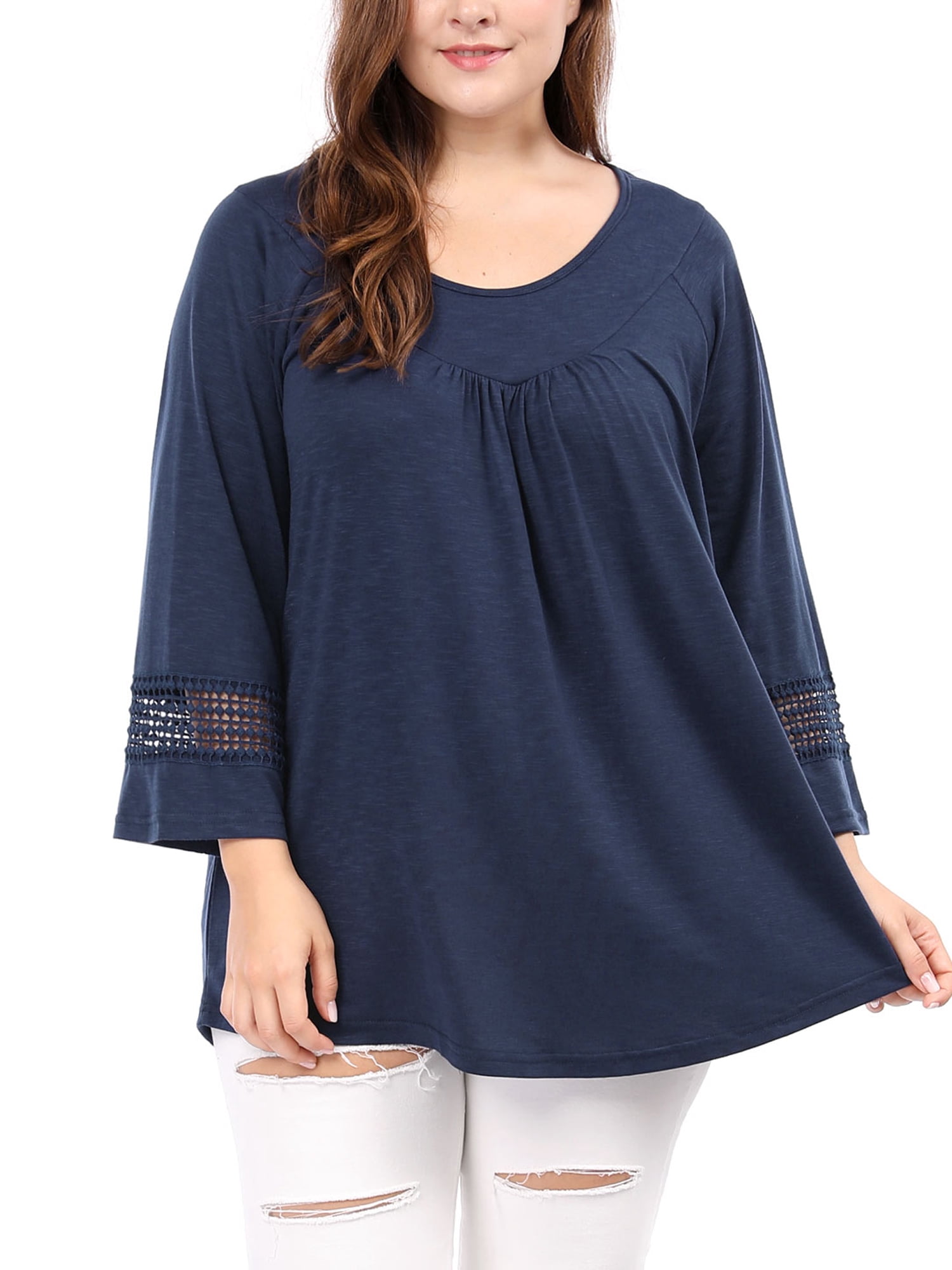 Unique Bargains Juniors' Plus Size Crochet Panel Kimono Raglan Sleeves Ruched Front Top Blue 1X