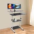 thumbnail image 5 of Mobile Standing Desk with Dual Monitor Stand, 54.5-72.25" Height Adjustable Laptop Desk Computer Workstation on Wheels, Standing & Sitting 2 Modes, Stand Up Desk for Home Office, 5 of 7