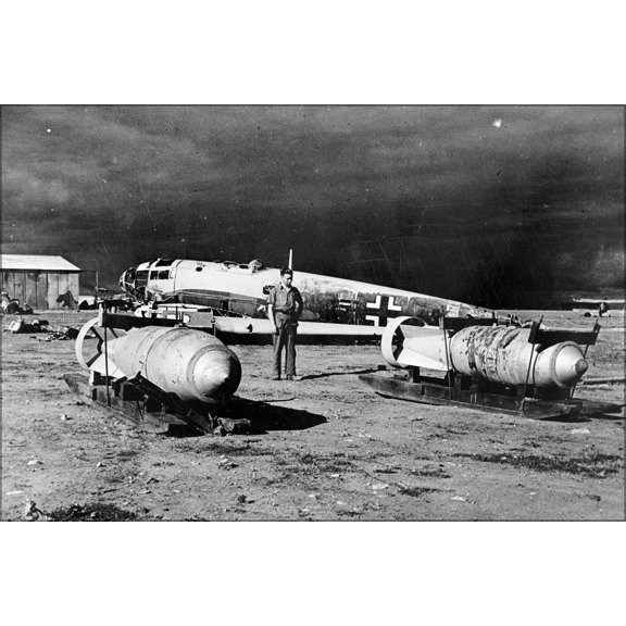 24"x36" Gallery Poster, He 111 wreck w bombs Benghazi 1943