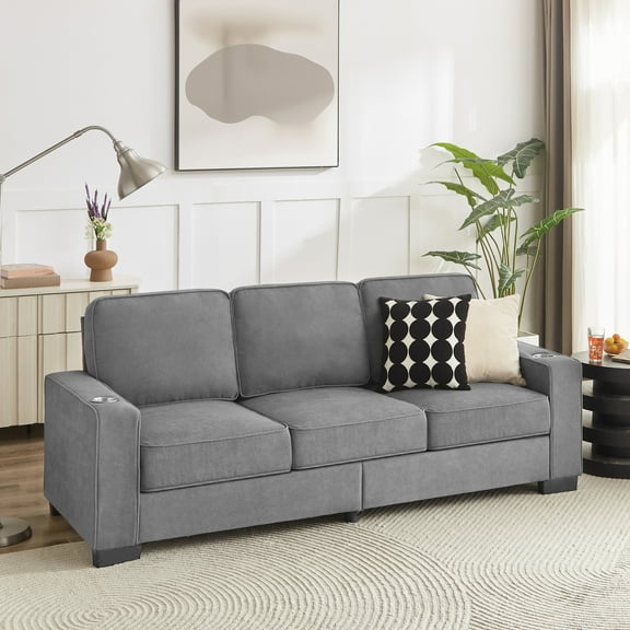 Noble House 83.86" Snowfleece 3-Seater Sofa, Compressed Modern Couch with Cup Holders, Soft & Durable Design, Gray