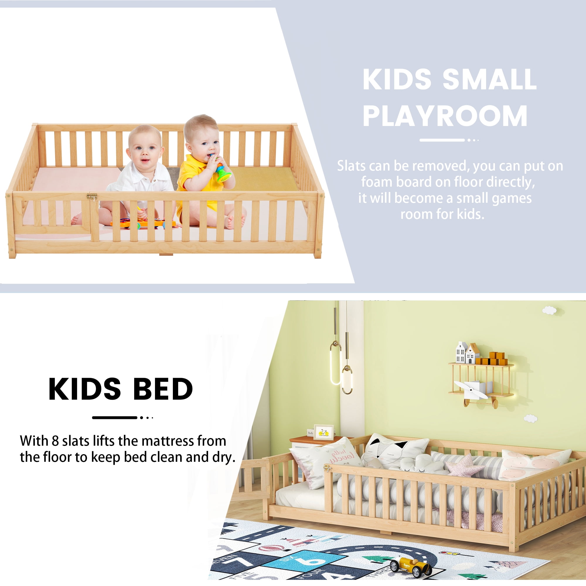 DEALTOPS Full Size Floor Bed with Safety Guardrails and Door Montessori Wood Bed Frame for Kids, Natural