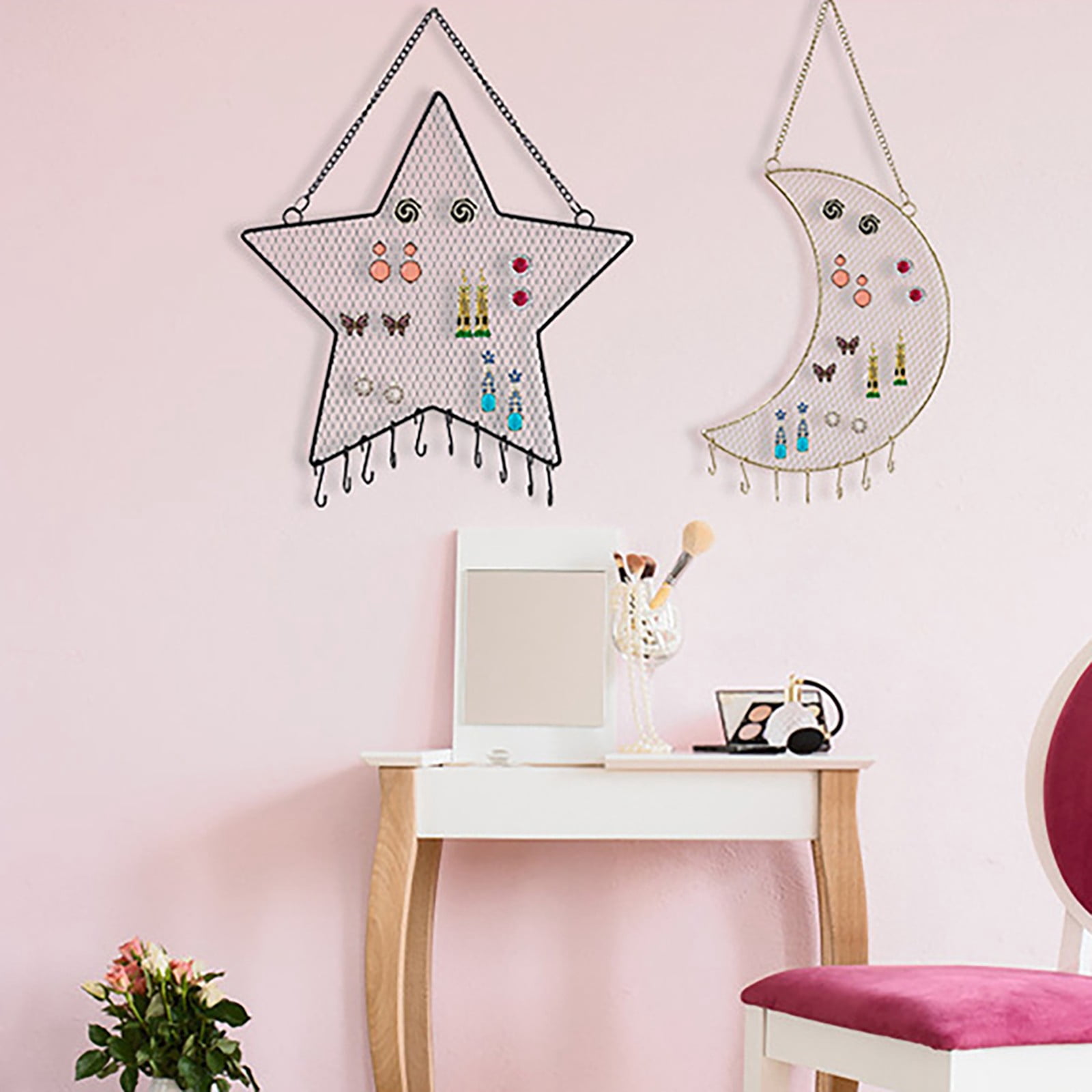 1Pc Earring Wall Holder Hanging Jewelry Storage Organizer, Metal Grid Star And Moon Shape Jewelry Rack, Gift for Ladies And Girls