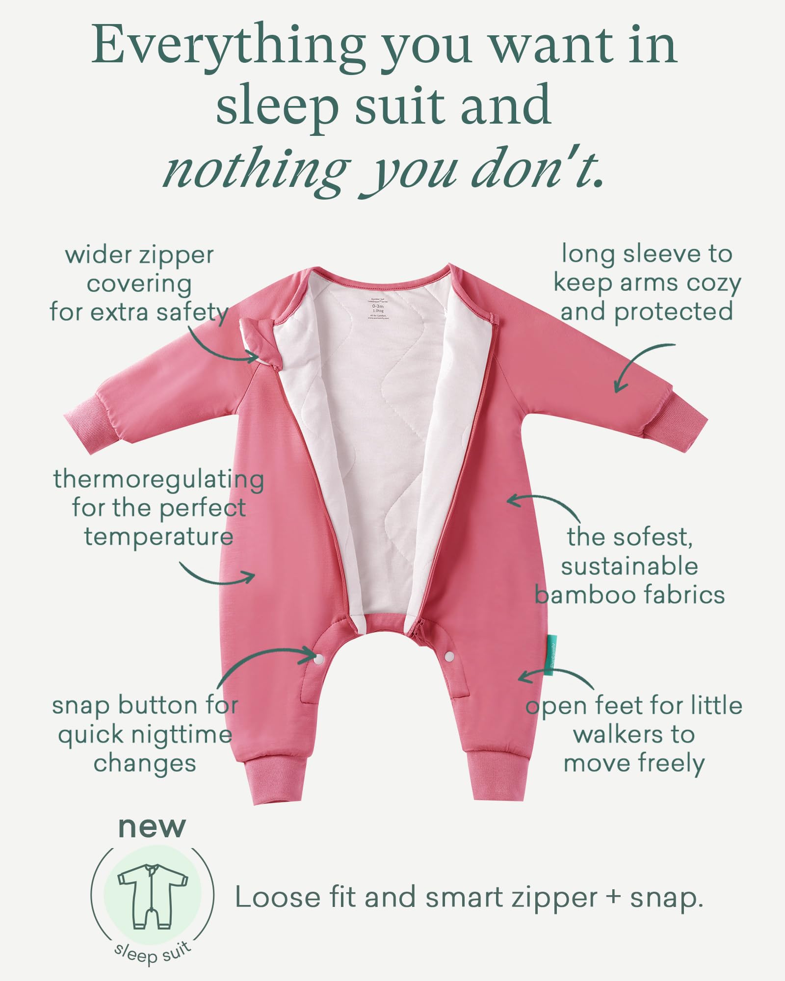 PurComfy Supersoft Baby Safe Sleep Sleepsuit, Zipper + Snap for Easy Diaper Changes 3-6 Months, Berry