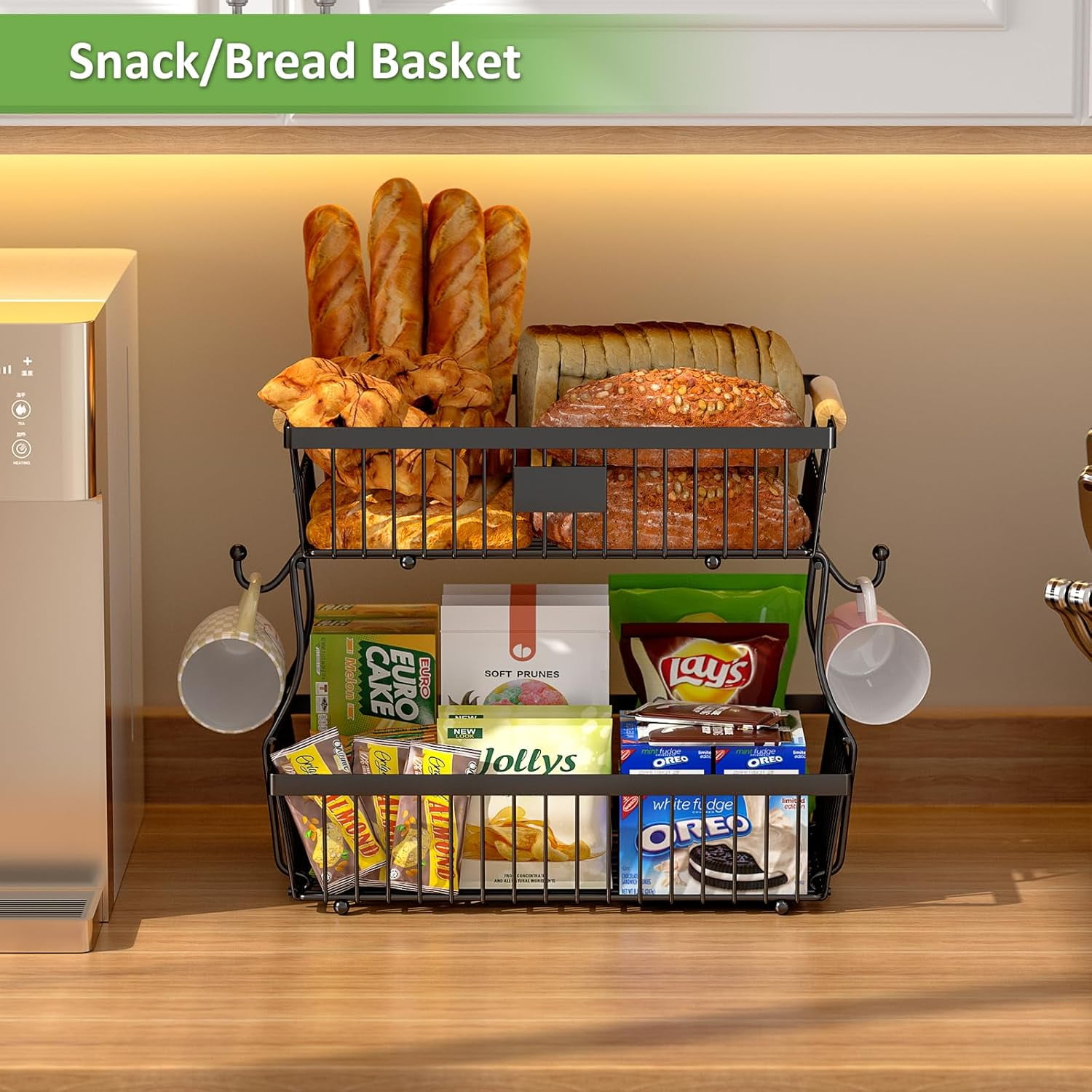 2 Tier Fruit Basket for Kitchen Counter with 2 Banana Hangers, Countertop Metal Bread Basket with Wooden Handle, Large Storage Stand for Vegetables, Snacks, Eggs, Produce Storage – Black