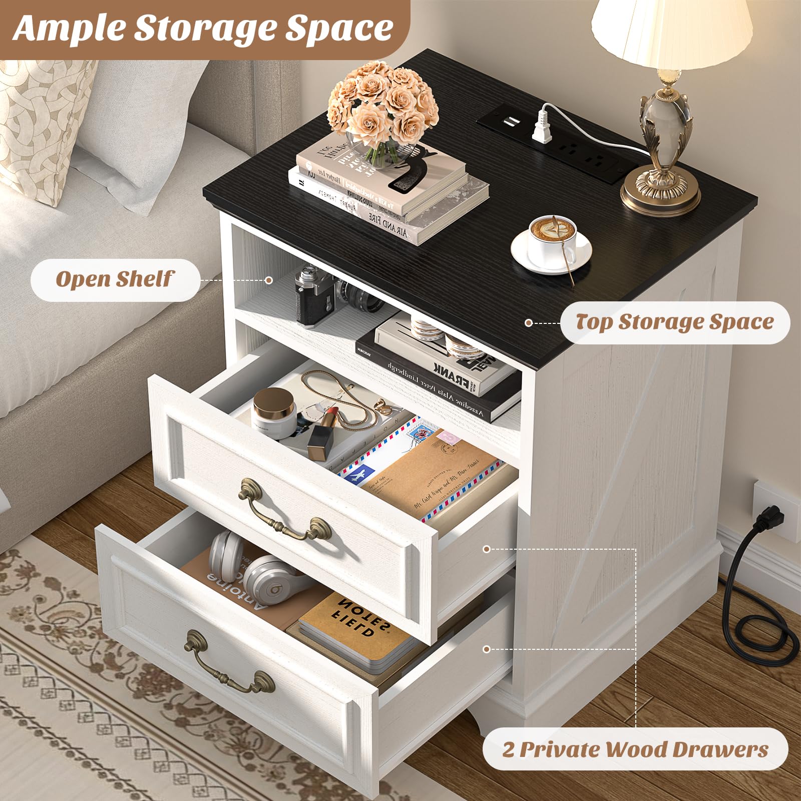 Homieasy Set of 2 Nightstands with Charging Station, Farmhouse Rustic Bedside Tables with USB-C Ports, AC Outlets, Drawers & Open Shelf for Bedroom, Living Room,Rustic White