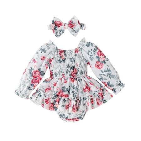 

UFOUND Toddler Baby Butterfly Flower Print With Long Sleeve Children Bodysuit Skirt Combination For Baby Girls Headband Princess Dress Infants Sundress Comfort Dresses