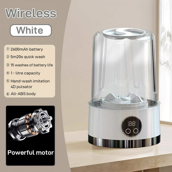 Portable Mini Washing Machine, 34 fl oz Capacity, USB Rechargeable with 2600mAh Battery, Ideal for Travel, RV, Dorm, or Small Laundry, White